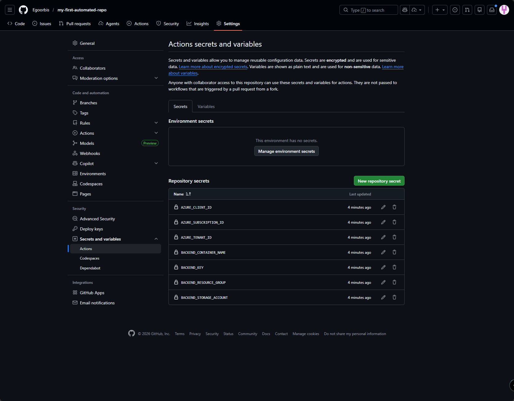 New repository - actions secrets